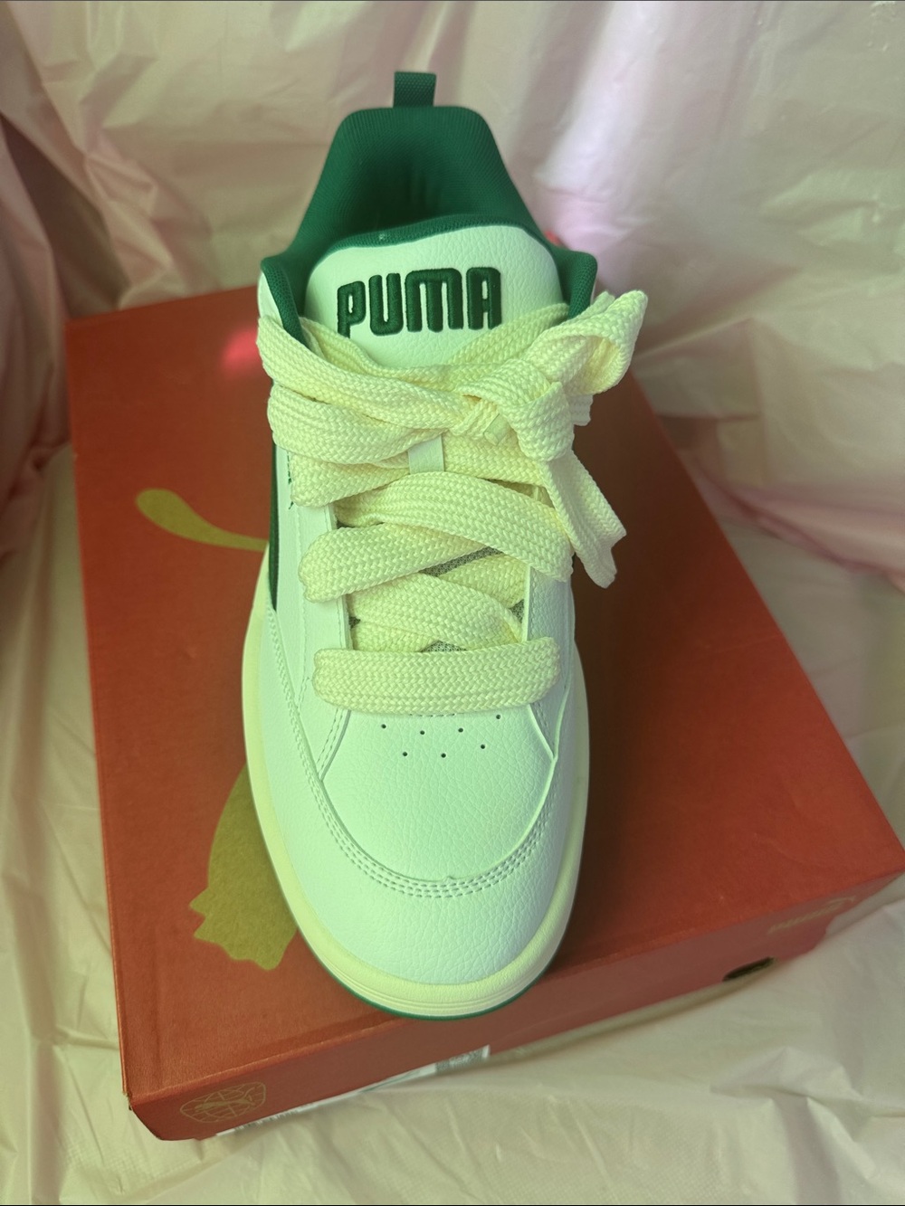 Puma Kids White Sneakers with Green Collar and Logo
